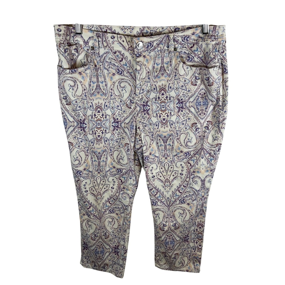 Chicos Slim Leg Crop Pants Size 2.5 US 12 Purple‎ Blue Paisley Medallion Print